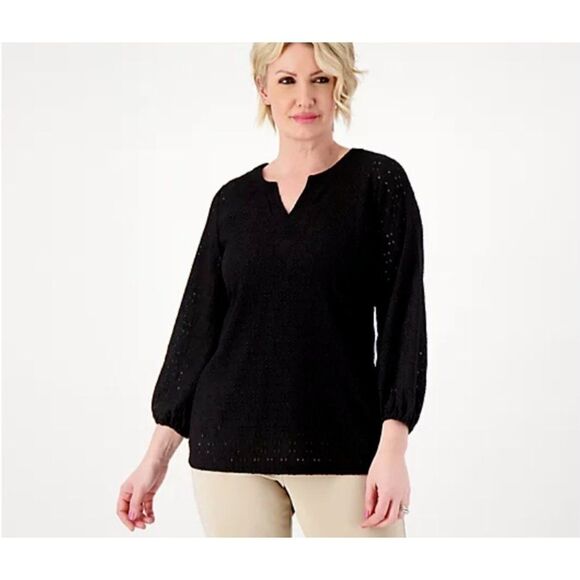 Susan Graver Women Top Passport Knit Eyelet 3/4 Sleeve Black Sz XXS A600386 - Picture 1 of 6